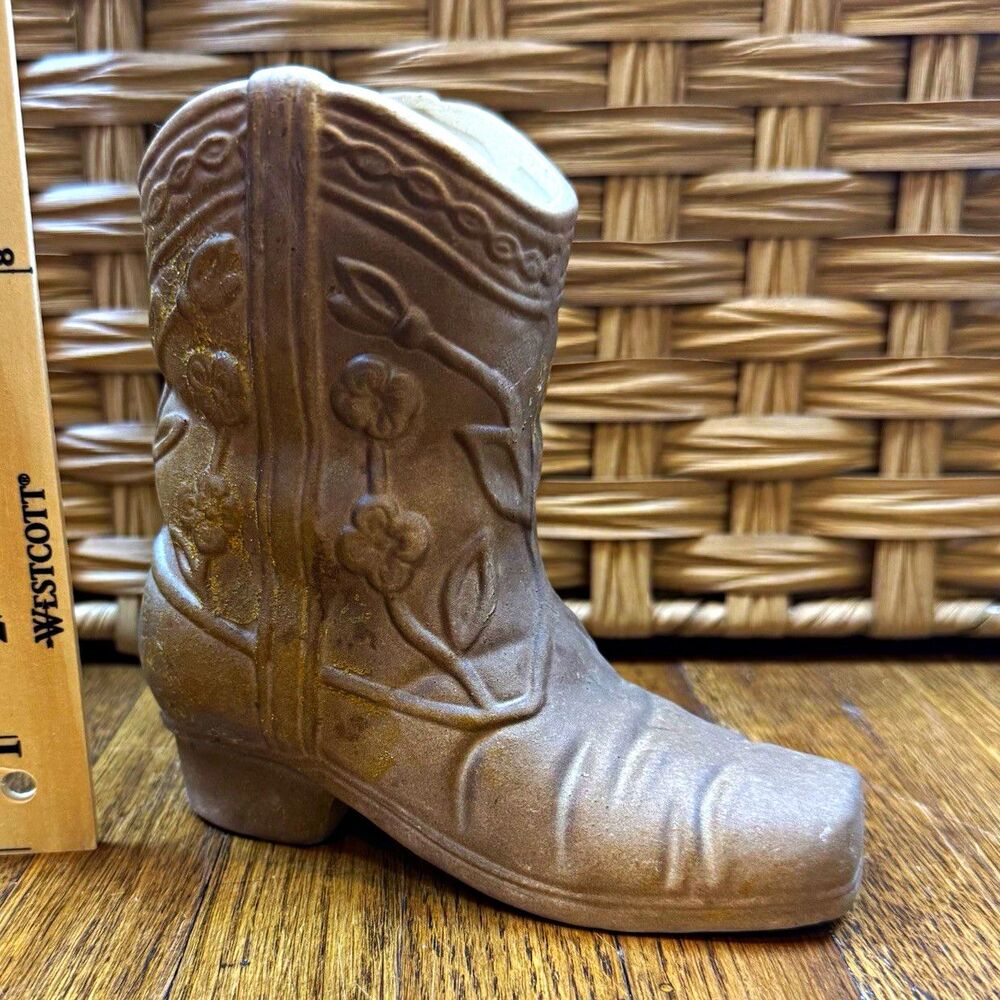 Bates Flowers Ceramic Western Boot Figurine Brown/Gold Floral Vintage 1970s 5in